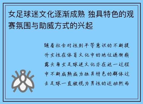 女足球迷文化逐渐成熟 独具特色的观赛氛围与助威方式的兴起 女足球迷文化逐渐成熟 独具特色的观赛氛围与助威方式的兴起