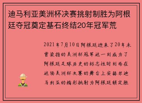 迪马利亚美洲杯决赛挑射制胜为阿根廷夺冠奠定基石终结20年冠军荒