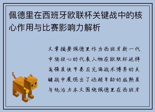 佩德里在西班牙欧联杯关键战中的核心作用与比赛影响力解析